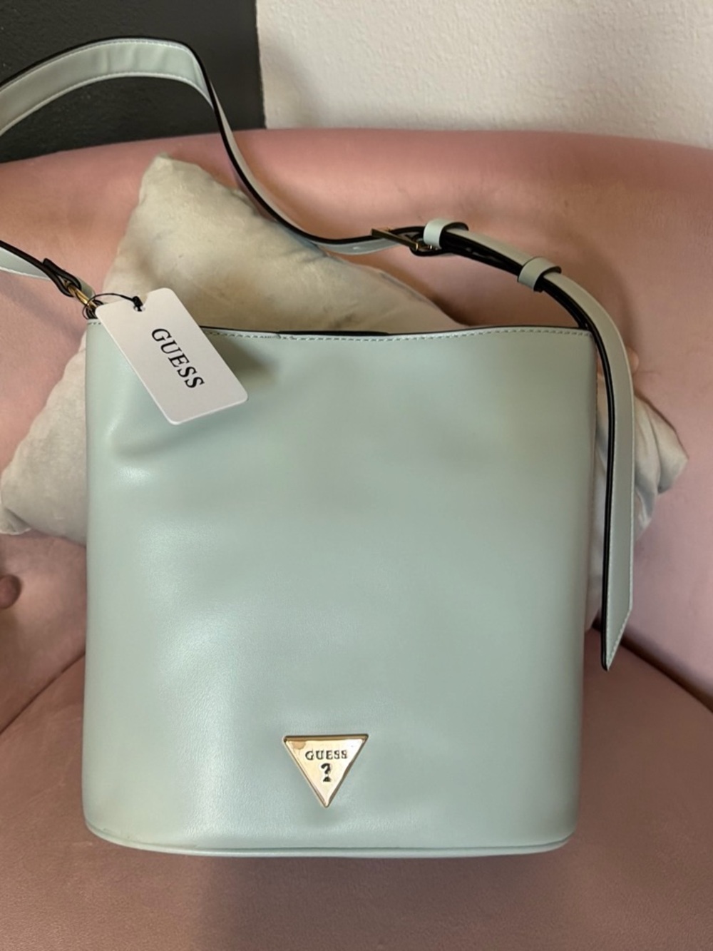 GUESS Mint Green Bucket Shoulder Bag with Gold Logo